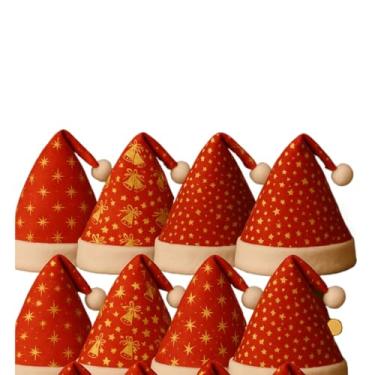 Imagem de Gorro de Papai Noel Vermelho Kit com 10 Gorros Sortidos Natalino Papai Noel Vermelho e Dourado Estrelinhas Sininhos Flocos(Kit 10 Peças)