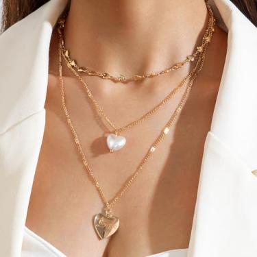 Imagem de Colar de ouro grosso com coração de pérola, colar em camadas de ouro para mulheres, colar de declaração, corrente grossa grossa, presentes para mulheres, Medium, Latão, Sem Pedra Preciosa