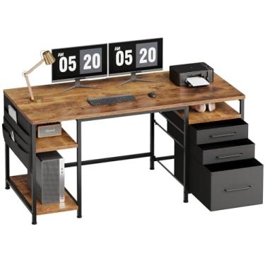 Imagem de Maihail Maihail Mesa de escritório em casa com gavetas prateleiras ajustáveis, mesa de 150 cm com armário de arquivos, grande mesa de computador com armazenamento, marrom rústico