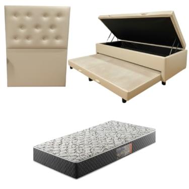 Imagem de Cama Box Baú Solteiro com Auxiliar (Bicama) + Colchão de Espuma D33 20cm | Kit Completo com Cabeceira Botonê Opcional | Diversas Cores (3, CORINO BEGE, COM CABECEIRA)
