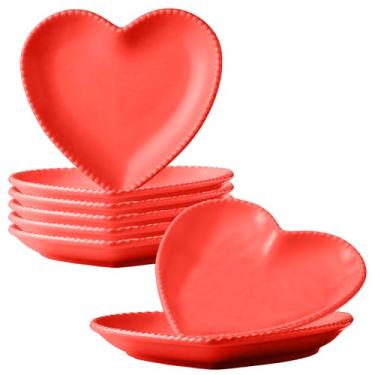 Imagem de Wuqoioo Pratos de cerâmica, pacote com 8 pratos de jantar de cerâmica, pratos de coração, tigelas de salada de sobremesa para aperitivo, bife, lanches, seguro para micro-ondas e forno (vermelho)