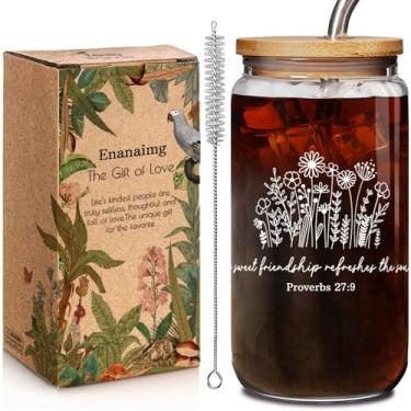 Imagem de A Sweet Friendship Refreshes The Soul Caneca de café de vidro de 473 ml com tampa de bambu e canudo, presentes de amizade para mulheres, canecas de café em versículo da Bíblia, presentes cristãos