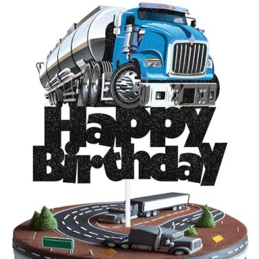 Imagem de Topo de bolo de carro caminhão azul feliz aniversário veículo transporte decoração de bolo para transporte tanque caminhão carro festa tema para crianças homens decoração de festa de aniversário