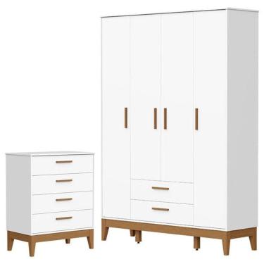 Imagem de Guarda Roupa Infantil Flip 4 Portas Com Cômoda Gaveteiro Infantil Flip Branco Acetinado - Reller
