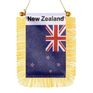 Imagem de JBSJBS Bandeira suspensa da Nova Zelândia mini bandeiras pequenas de janela de carro neozelandeses banners espelho retrovisor decoração bandeiras da Zelândia com ventosa franjas douradas dupla face