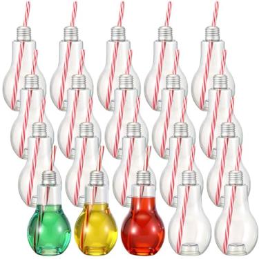 Imagem de Baderke Conjunto de 20 garrafas de plástico de Natal com canudos, incluindo garrafas vazias e canudos e tampas para festa de Natal, suco de leite, recipientes de água