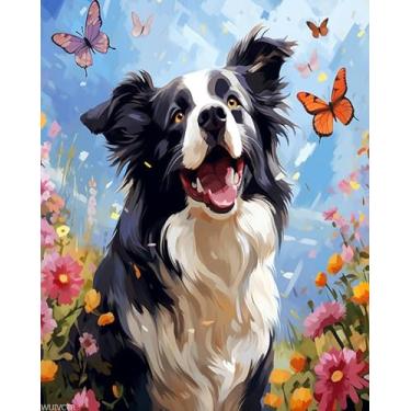 Imagem de WUIVCTR Kit de pintura a óleo por números, borda, collie e borboleta entre flores, kit de presente de pintura em tela, tinta acrílica por números, Natal, presente de aniversário, 40 x 50 cm