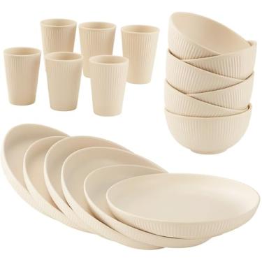 Imagem de Conjuntos de utensílios de jantar palha de trigo 18 peças, louças nervuradas verticais, máquina de lavar louça segura para micro-ondas, pratos sem BPA, jantar inquebrável, tigelas, copos uso familiar