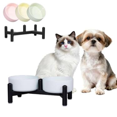 Imagem de Conjunto de tigelas de cerâmica elevada para cães – pratos duplos fofos com suporte de aço inoxidável – tigelas elevadas para gatos e cães pequenos – Conjunto de comida e água – 12,7 cm/1,4 xícaras