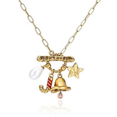 Imagem de Cicy Bell Colares femininos de Natal banhados a ouro 18 quilates X-Mas Boho Vintage Pingente Colares Jingle Bell Pérola Estrela Festival Joias Presentes 19,69 cm, 50CM, Latão, Pérola