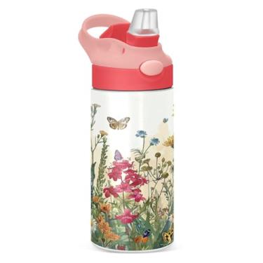 Imagem de Blueangle Garrafa de água de campo de flores silvestres isolada de aço inoxidável de 350 ml com tampa de canudo - Garrafa esportiva reutilizável e portátil à prova de vazamento para viagens, ao ar
