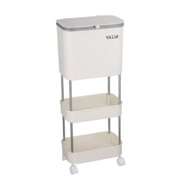 Imagem de Fenteer Lixeira com polia Lixeira com tampa Grande capacidade Estreita prateleira de armazenamento Lixeiras de reciclagem para cozinha Lixeira de triagem, BRANCO, 3 camadas