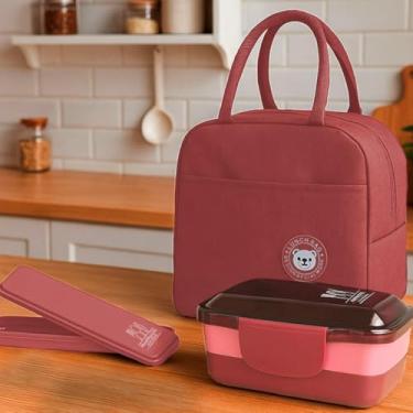 Imagem de Kit Bolsa Térmica Lancheira Necessaire com Porta Talheres Portátil e Pote Marmita 2 Andares de 950ml Para Vaigem Armazena Aliementos Primum (Rosa)