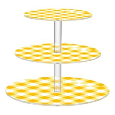 Imagem de CEBUGI Suporte de cupcake de 3 camadas, fundo amarelo, padrão guingão, suporte redondo para bolo, torre, bandeja de servir em camadas de acrílico para chá, chá de bebê, casamento e mais