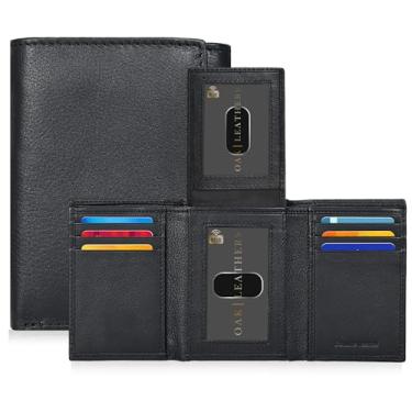 Imagem de Carteira masculina de couro legítimo com três dobras – Carteira RFID Slim 9 porta-cartões de crédito, 2 compartimentos para identidade, presente para homens, Preto Jet, Três dobras