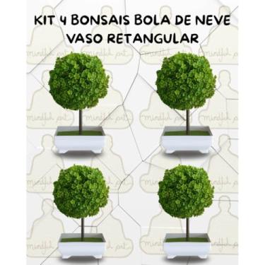 Imagem de Genérico, Kit Artificial 4 Plantas Bonsai Bola de Neve Vaso Retangular - Decoração Oriental Ambiente Zen