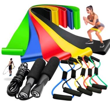 Imagem de Kit Treine Em Casa Completo com Elástico Extensor Cross Tube, 5 Faixas de Resistência 10-45 LBS e Corda de Pular Ajustável, Equipamento de Exercício para Treino em Casa