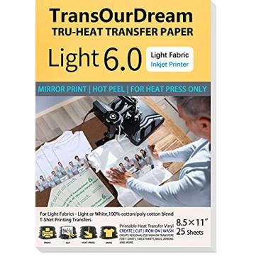 Imagem de TransOurDream-Papel de transferência de calor Tru-Iron para tecido leve (25 folhas, 21,5 x 28 cm, Light 6.0), papel transferível por ferro para camisetas brancas, vinil imprimível de transferência de calor para impressora a jato de tinta (TRANS-L6-20)