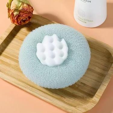 Imagem de 1 bola de banho de girassol com ventosa, esponja de banho esfoliante super macia, bola de banho suave para mulheres e homens, escova corporal de limpeza profunda para uso no chuveiro ou spa (ciano