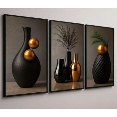 Imagem de Quadro Decorativo 3 Peças Abstrato Geométrico Moderno Preto 150x70 SAL