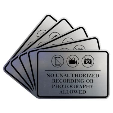 Imagem de Moldura clássica sem gravação não autorizada ou fotografia permitida sinal de porta ou parede Material durável | Fácil instalação (prata escovada) - Pequeno (pacote com 5)