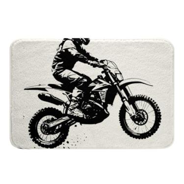 Imagem de Erosebridal Tapete de banheiro Teens Dirt Bike, Motocross Rider Tapete de banheiro esportivo extremo tapete de porta de motocicleta tapete esportivo antiderrapante absorvente de água, preto e branco 50 x 81 cm