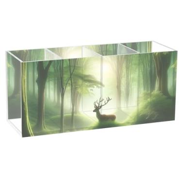 Imagem de TSENQUE Porta-lápis de mesa personalizado para decoração de casa fofo verde floresta veado escritório arte Caddy acrílico papelário organizador copos lápis
