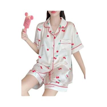 Imagem de Conjunto De Pijama Feminino Rosa Com Estampa Fofa, Manga Curta, Botões