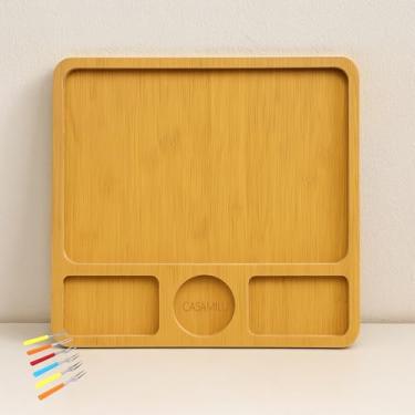 Imagem de Kit 01 Petisqueira de Madeira MDF 4 Divisórias CASAMILU Quadrada - 30 x 30 cm + 06 Garfos para Petiscos | Resistente, Durável e Ecológica para Preparo Corte Apresentação Frios, Petiscos e Carne