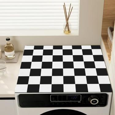 Imagem de Capas de lavadora e secadora quadriculadas pretas e brancas para a parte superior, almofada antiderrapante para capa de poeira para máquina de lavar roupa, tapete protetor de secadora para lavanderia