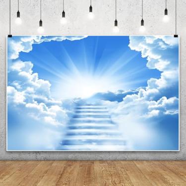 Imagem de Leowefowa Pano de fundo celeste para fotografia, 3 x 2,4 m, vinil, escadas para o céu, paraíso, Deus abençoe, céu azul claro, nuvens brancas, fundo de Páscoa, igreja, evento, festas, bandeiras