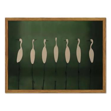 Imagem de Arte de parede de guindastes japoneses emoldurados, pinturas de decoração de parede vintage de pássaros, impressões em tela de animais de natureza rústica, minimalista, verde, decoração de casa para