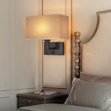 Imagem de Lâmpada de parede LED com interruptor Moderno Minimalista Arandela de Tecido Quadrado Iluminação de Parede de Metal para Sala de Estar Quarto Cabeceira Escadaria (Preto + Castanho, Luz Quente)