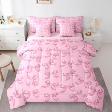 Imagem de Feelyou Conjunto de edredom com laço fofo de 7 peças, tamanho casal, para crianças, meninos, meninas, princesa, decoração de quarto kawaii, rosa opaco, respirável, macio e leve de microfibra
