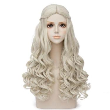 Imagem de Peruca Cosplay Branca Queen Mirana Sintética de Cabelo Longo Encaracol