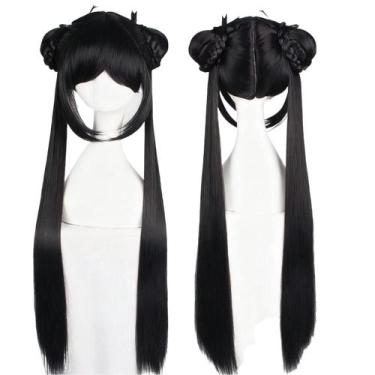 Imagem de Peruca de cosplay de anime longa preta com rabo de cavalo duplo com tr