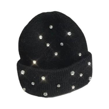 Imagem de Gorro Feminino De Inverno Quente Com Strass E Miçangas, Estilo Coreano