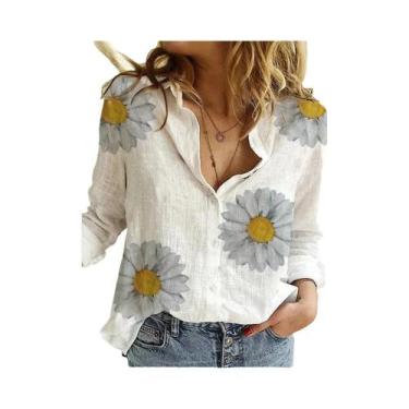 Imagem de Blusa Casual Elegante De Algodão E Linho Para Mulheres, Manga Longa, C