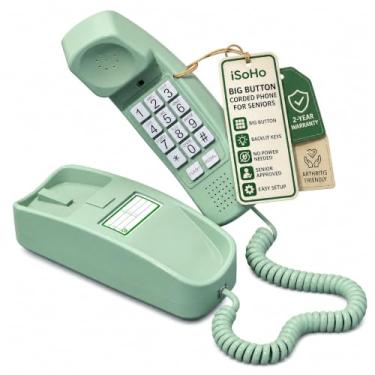 Imagem de Telefone com fio iSoHo com botão grande para idosos – Telefone fixo fácil de usar com teclado iluminado, aparelho ergonômico e sem necessidade de energia – Telefone residencial retrô para idosos