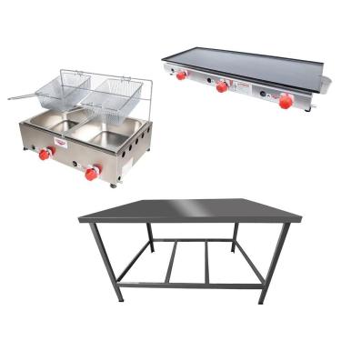 Imagem de Kit Lanchonete Mesa de Manipulação 100x55cm + Fritadeira a Gás 2 Cuba + Chapa a Gás 90cm Alcamar