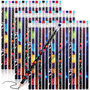 Imagem de Lápis de espaço externo lápis de galáxia lápis de madeira sortidos projetos de espaço externo com temas espaciais lápis de escrita com borrachas para festas de aniversário lembrancinhas suprimentos para professores para sala de aula (144 peças)