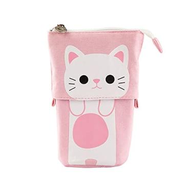 Imagem de Moniss Saco de caixa de lápis bonito estojo de lápis de lona design retrátil bonito padrão de gato dobrável suporte de papelaria organizador pincel de maquiagem ferramenta bolsa presente para estudantes crianças meninas suprimentos