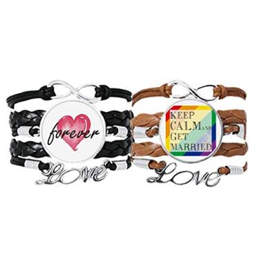 Imagem de DIYthinker Pulseira LGBT com bandeira de arco-íris Get Married pulseira de mão corda de couro Forever Love conjunto duplo