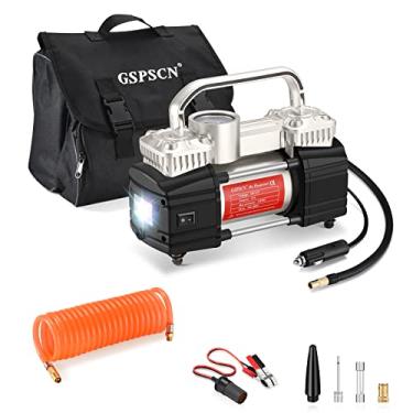 Imagem de GSPSCN Bomba compressor de ar de cilindro duplo prata 12V para carro, inflador de pneu portátil resistente 150PSI com luzes de trabalho de LED para automóveis, caminhões, SUV, RV, bolas etc