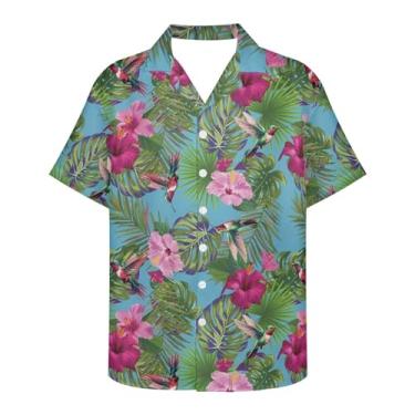 Imagem de Gzzxiailg Camisa masculina descolada com gola V havaiana, camisa de praia tropical, manga curta, verão, roupas de praia, Beija-flor tropical, 5G