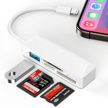 Imagem de Leitor de cartão Lightning para SD 4 em 1 para iPhone, [certificado Apple MFi] Adaptador USB OTG e leitor de cartão de memória SD/TF/MS, suporta cartões SD/TF/MS Trail Camera Viewer para iPhone 14 13