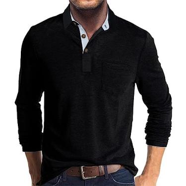 Imagem de Camisetas masculinas colorblock slim túnica camiseta masculina manga longa gola tartaruga verão outono 2024, L-580 Preto, M