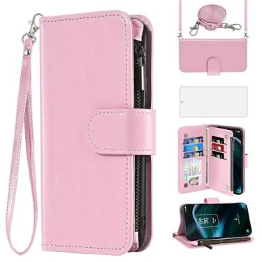 Imagem de Asuwish Capa para celular TCL Stylus 5G 2022 carteira com protetor de tela de vidro temperado alça transversal flip zíper suporte para cartão de crédito suporte TLC Stylo G5 6.81 T779W mulheres