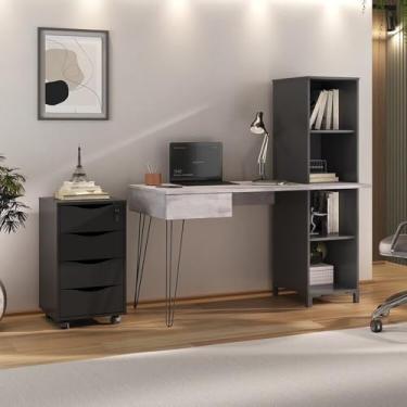 Imagem de Kit 2 Peças com Escrivaninha no Estilo Industrial Fusion com 4 Nichos e Gaveteiro 4 Gavetas Bit Concreto/Preto