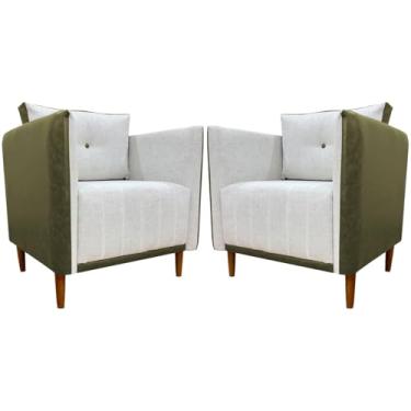 Imagem de Kit 2 Poltronas Decorativas Para Sala e Recepção Aviv Corino Verde e Linho Premium Bege
